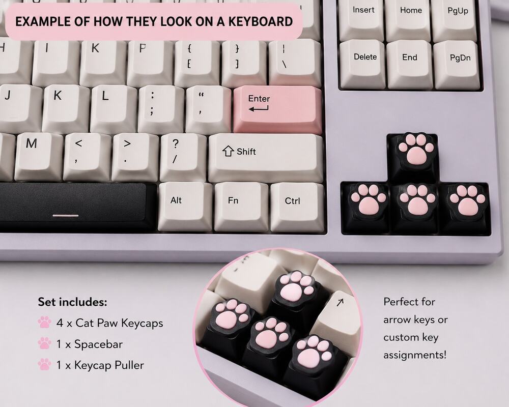 Pink Cat Paw Keycaps Set 4 Arrow Keys Spacebar Keycap Puller MX Style Black